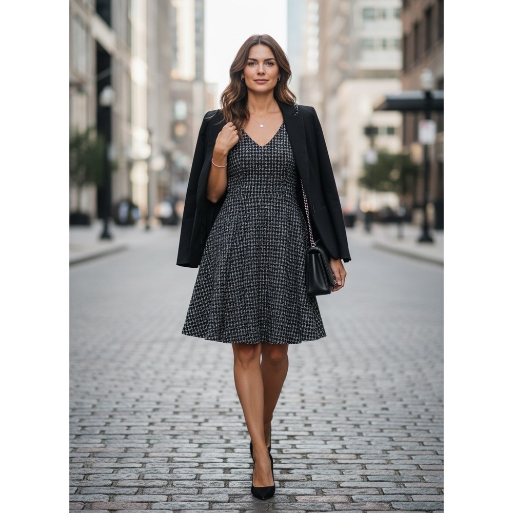 Design Lab Lord & Taylor Textured Fit Flare Dress Black Check V Neck Medium